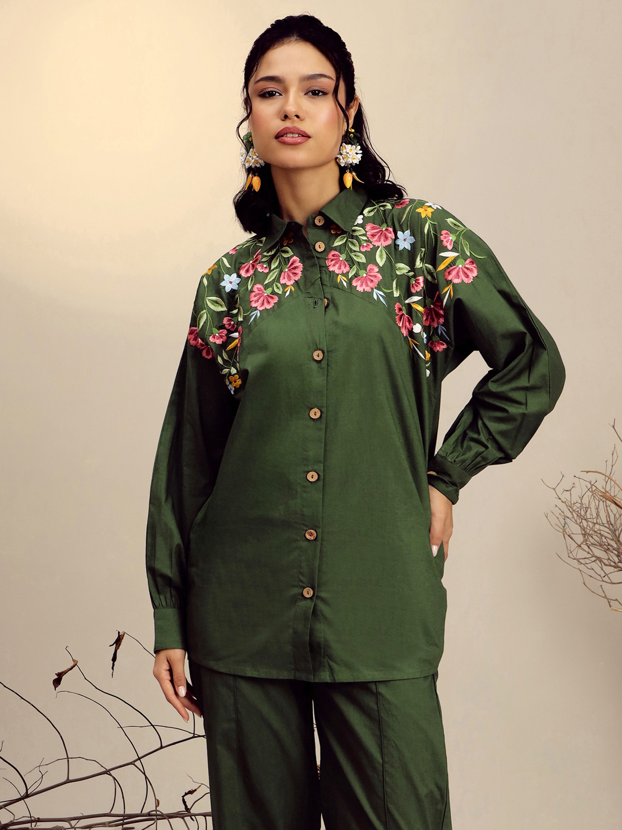 Olive Poplin Embroidered Shirt With Pencil Pants Pink Paprika By SASSAFRAS