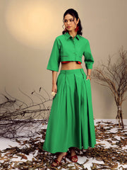 Women Green Poplin Crop Shirt With Pleated Skirt