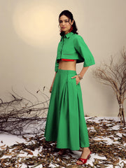 Women Green Poplin Crop Shirt With Pleated Skirt