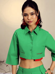Women Green Poplin Crop Shirt With Pleated Skirt