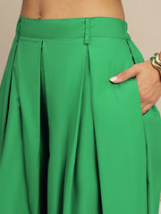Women Green Poplin Crop Shirt With Pleated Skirt