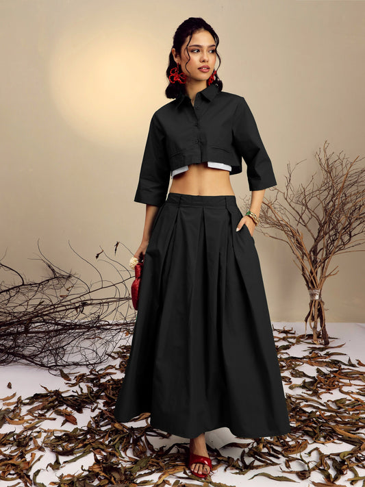 Women Black Poplin Crop Shirt With Pleated Skirt