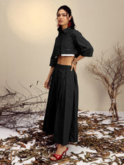 Women Black Poplin Crop Shirt With Pleated Skirt