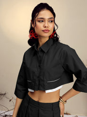 Women Black Poplin Crop Shirt With Pleated Skirt