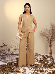Women Beige Vest Top With Straight Pants