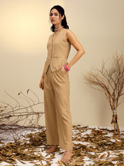 Women Beige Vest Top With Straight Pants