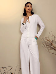 Women White Full Sleeves Top With Mom Fit Pants