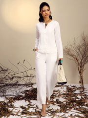 Women White Full Sleeves Top With Mom Fit Pants