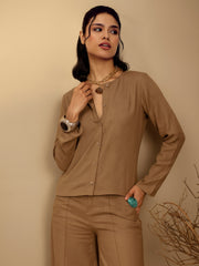 Women Beige Full Sleeves Top With Mom Fit Pants