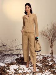 Women Beige Full Sleeves Top With Mom Fit Pants
