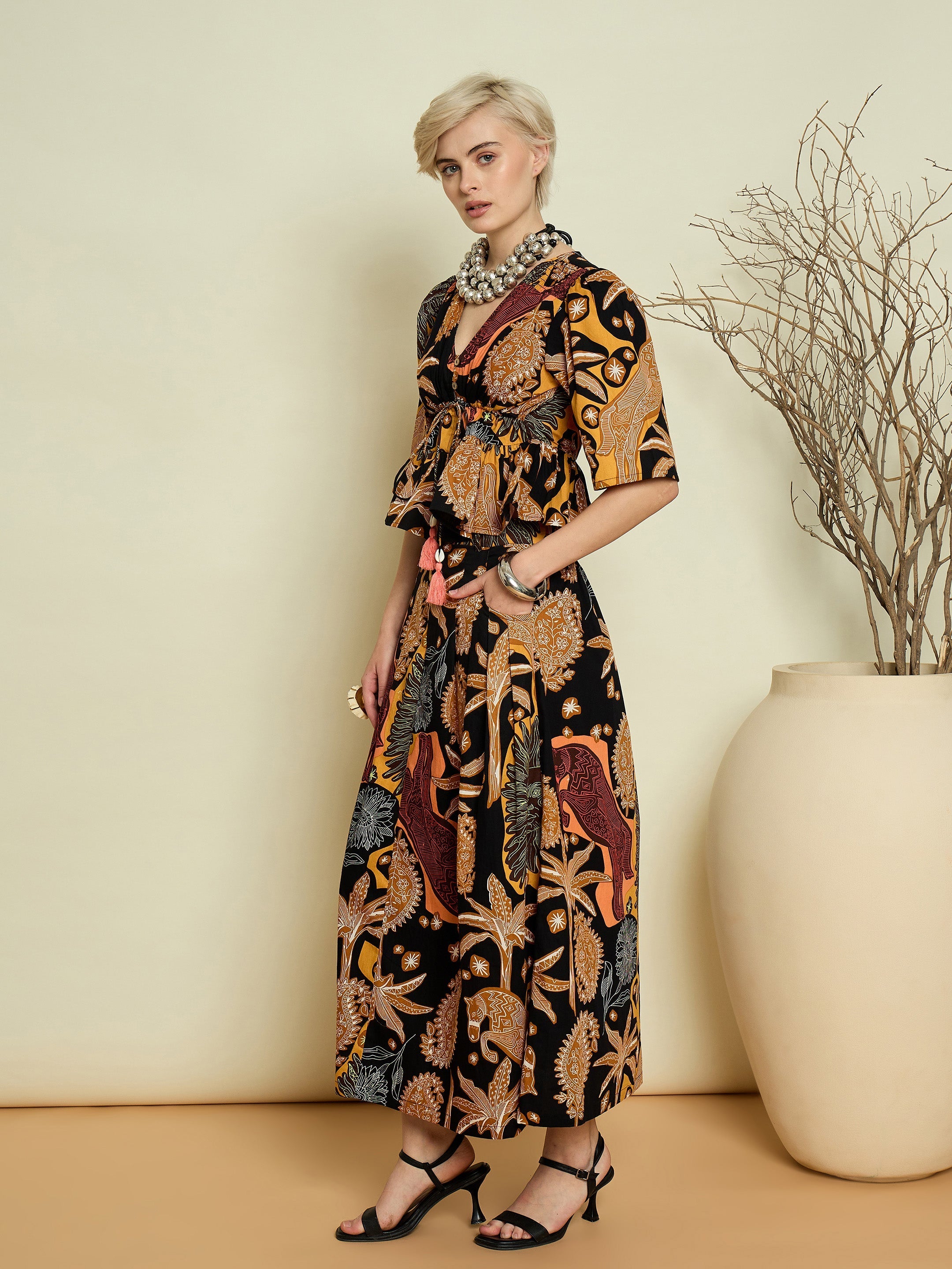 Black Boho Printed Peplum Top With Skirt Pink Paprika By SASSAFRAS