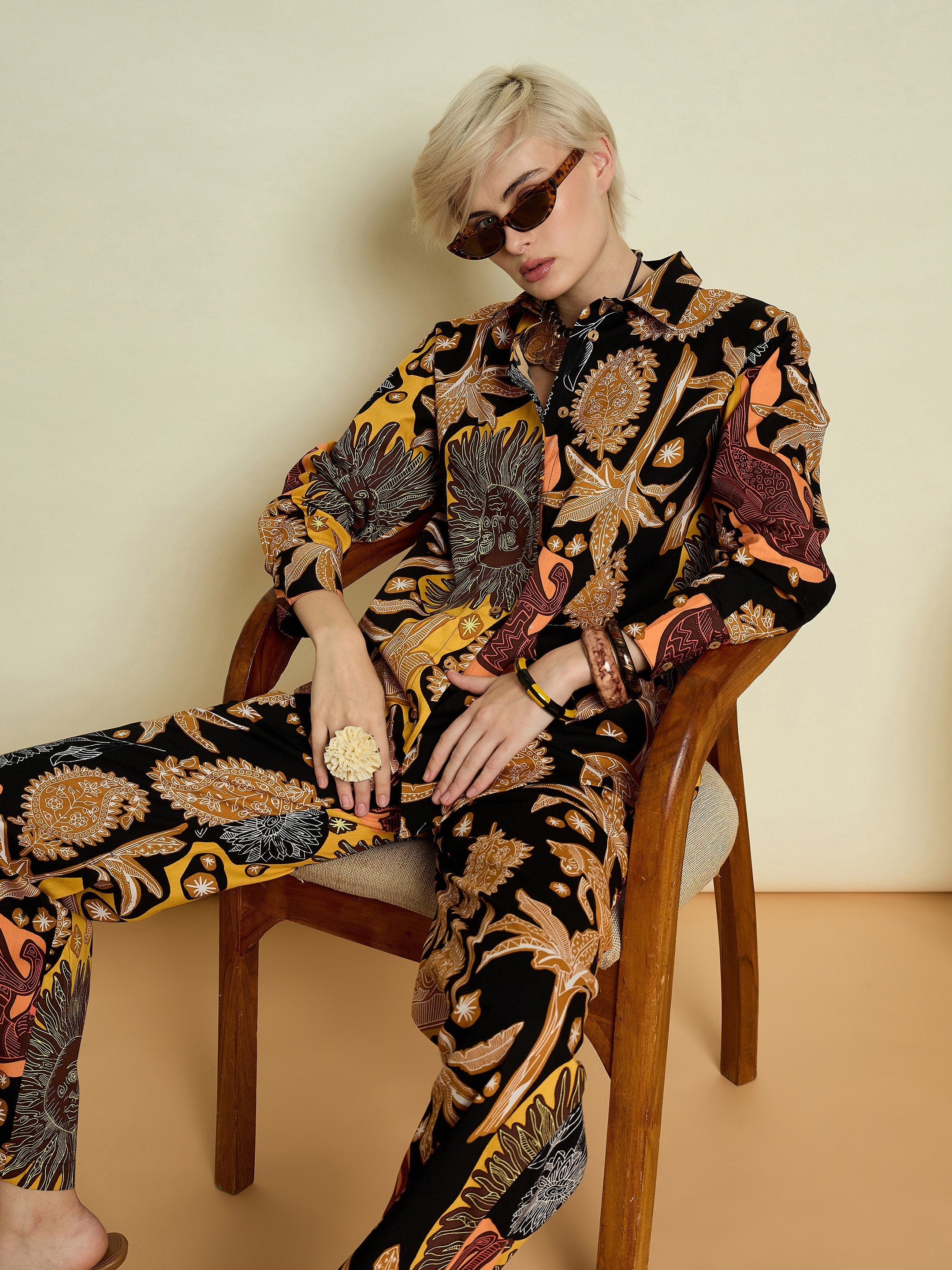 Black Boho Printed Shirt With Straight Pants Pink Paprika By SASSAFRAS