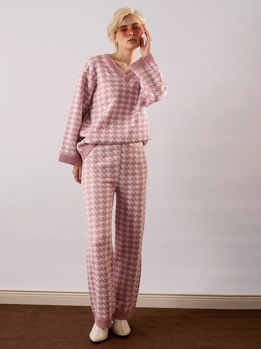 pink white houndstooth v neck sweater with joggers sassafras