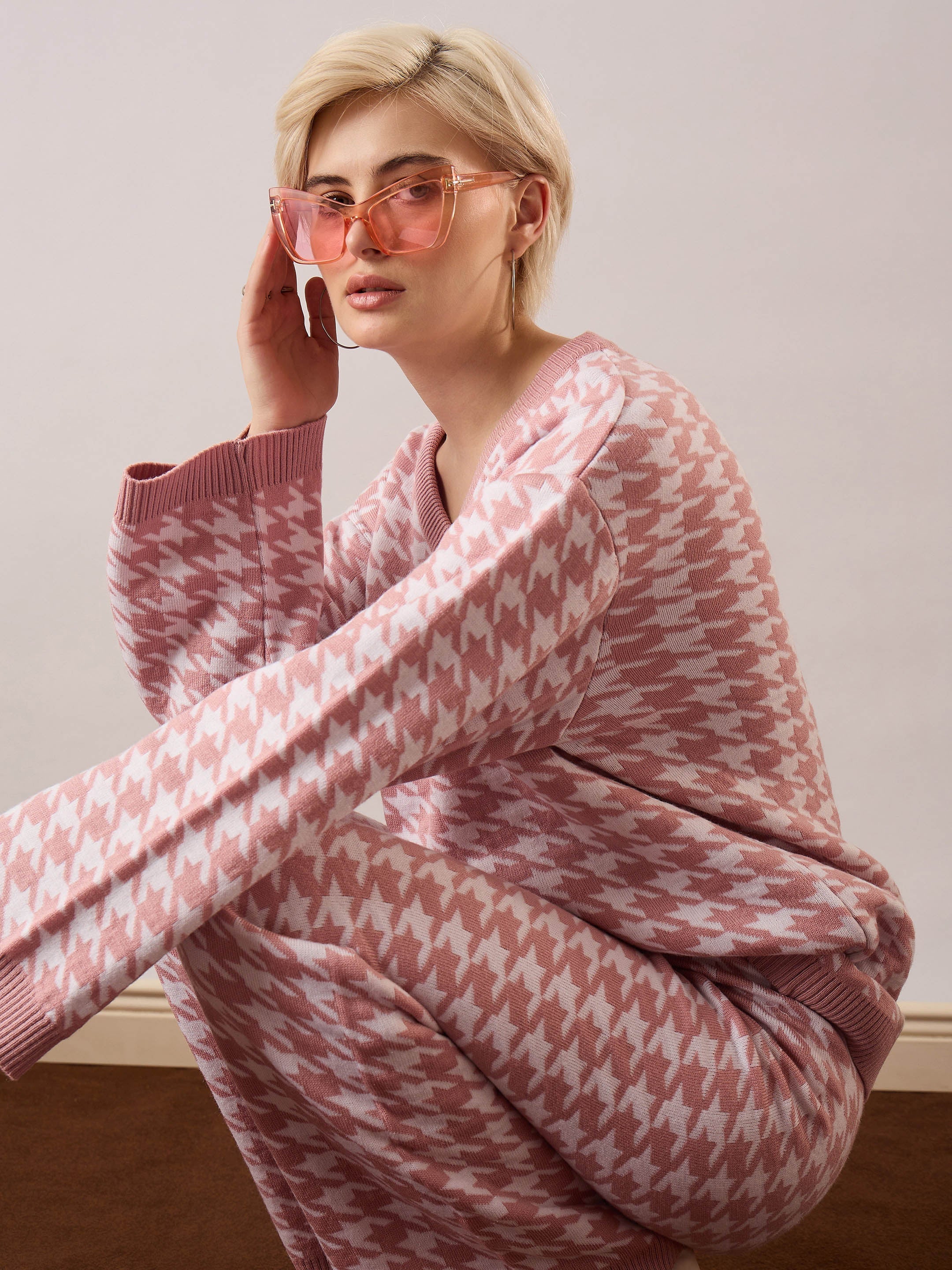 pink white houndstooth v neck sweater with joggers sassafras