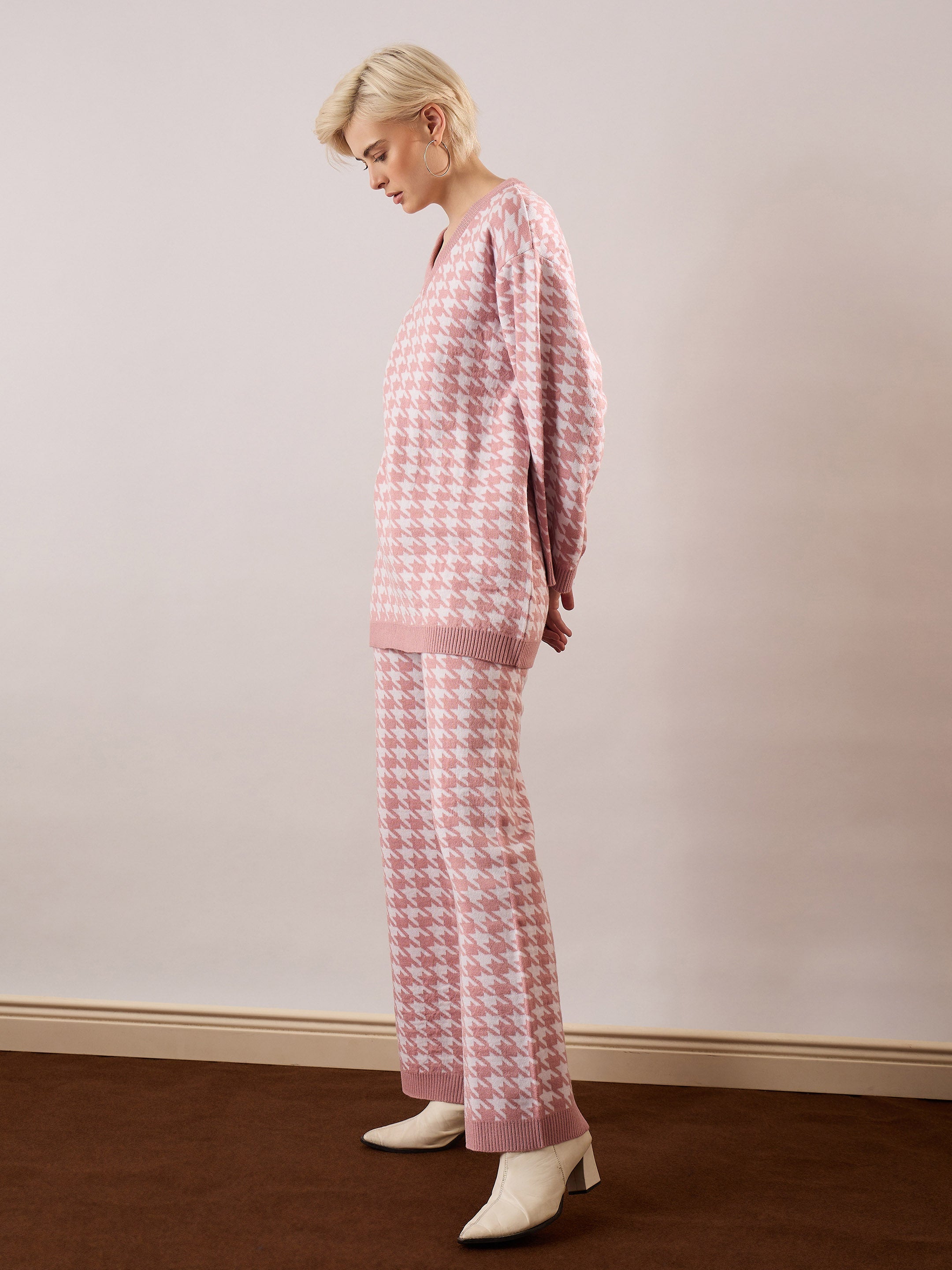 pink white houndstooth v neck sweater with joggers sassafras