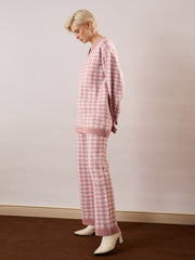 pink white houndstooth v neck sweater with joggers sassafras
