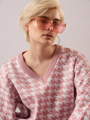 pink white houndstooth v neck sweater with joggers sassafras