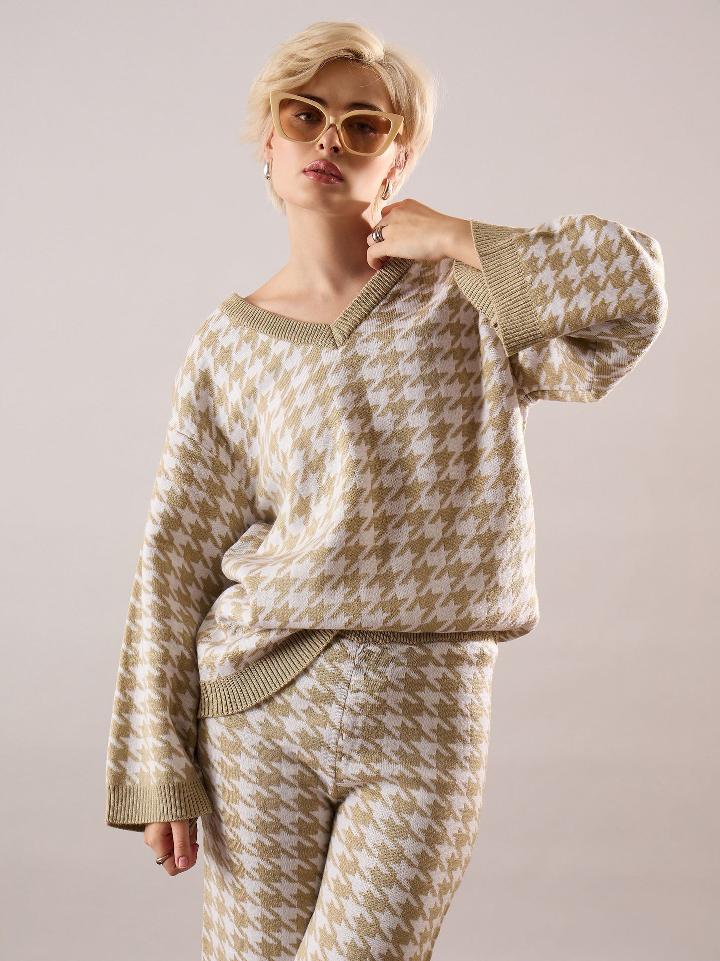 beige white houndstooth v neck sweater with joggers sassafras