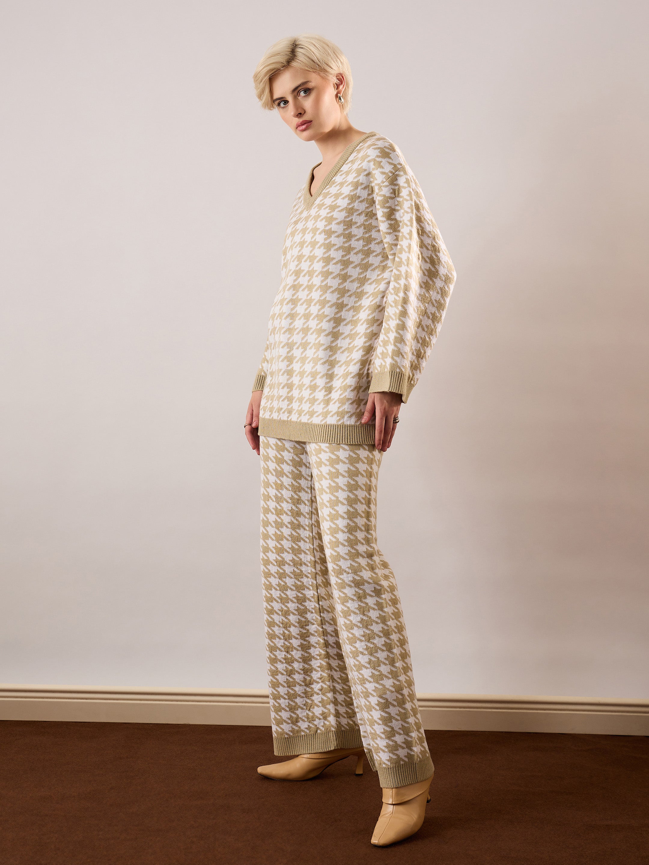 beige white houndstooth v neck sweater with joggers sassafras
