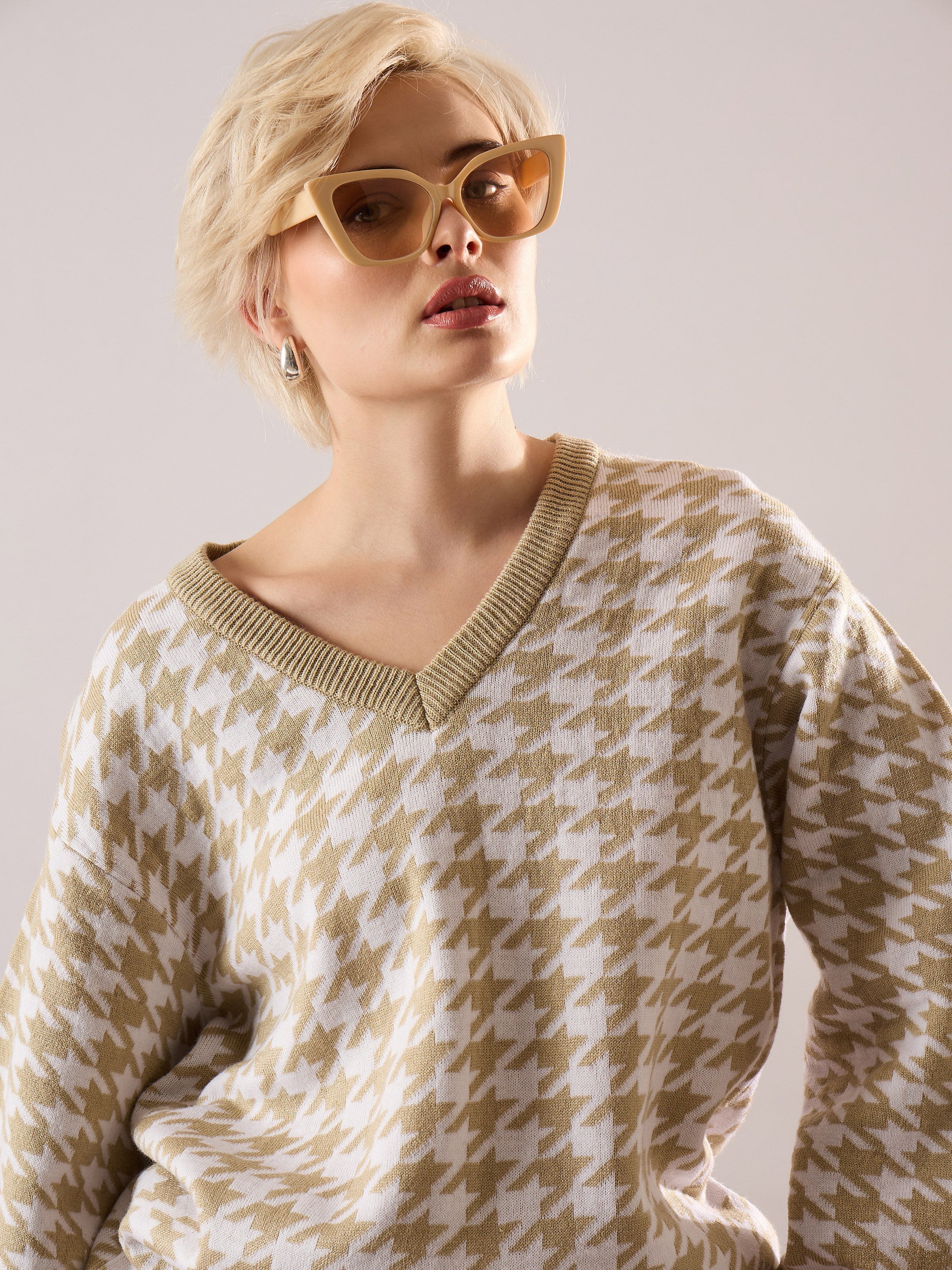 beige white houndstooth v neck sweater with joggers sassafras