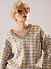 beige white houndstooth v neck sweater with joggers sassafras
