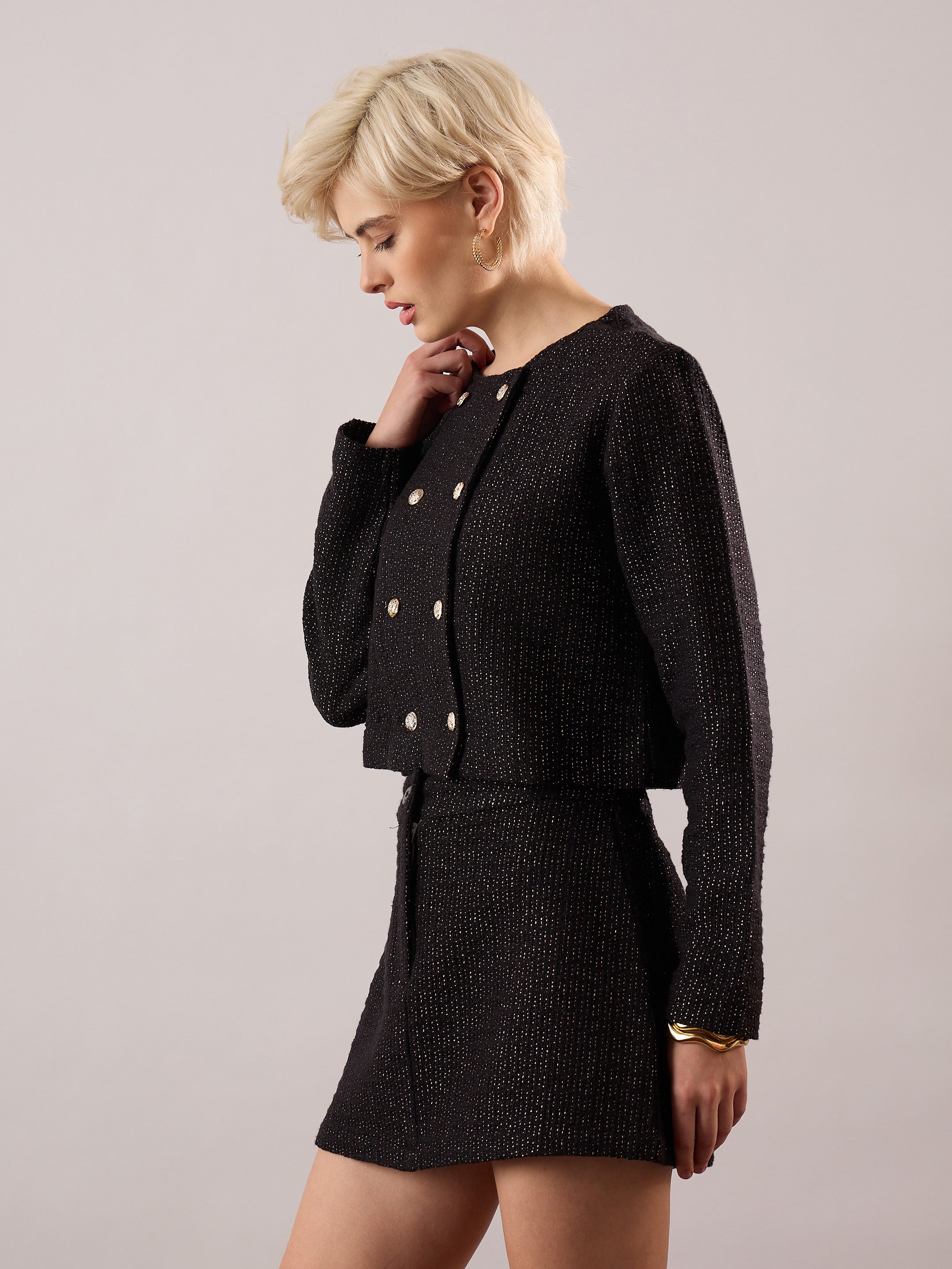 black tweed full sleeves crop blazer with mini skirt sassafras