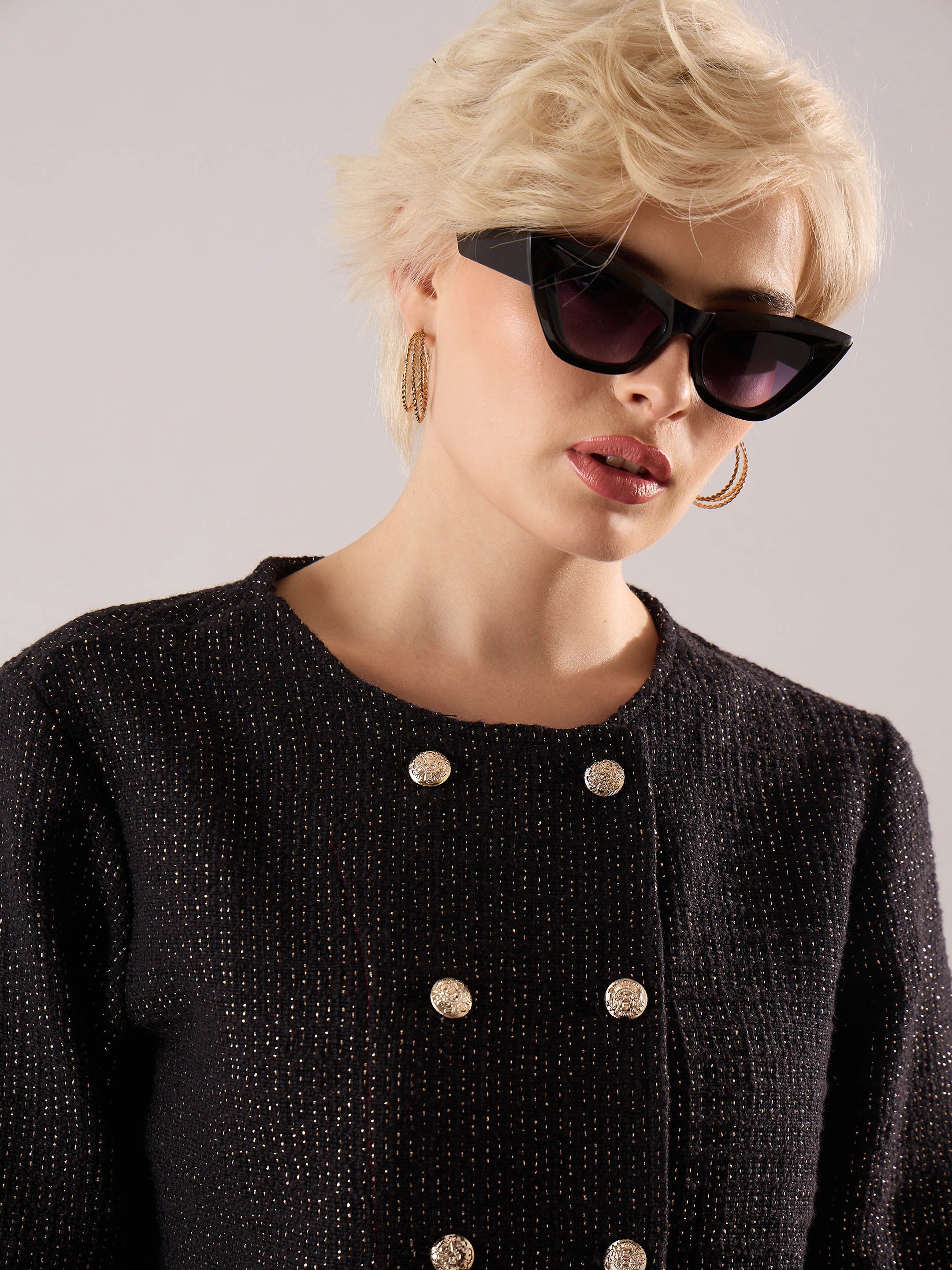 black tweed full sleeves crop blazer with mini skirt sassafras
