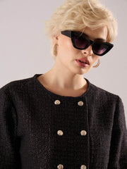black tweed full sleeves crop blazer with mini skirt sassafras