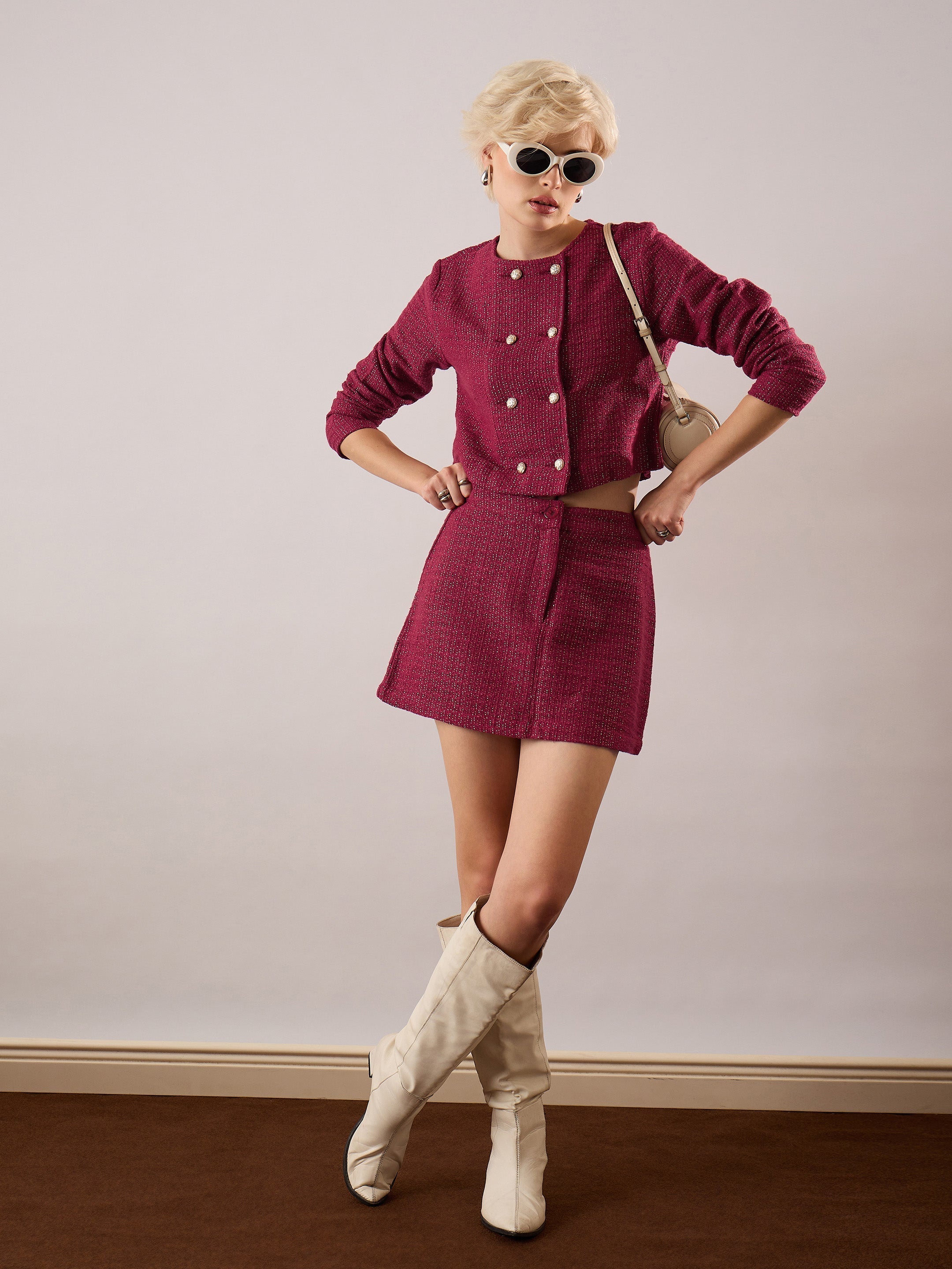 maroon tweed full sleeves crop blazer with mini skirt sassafras