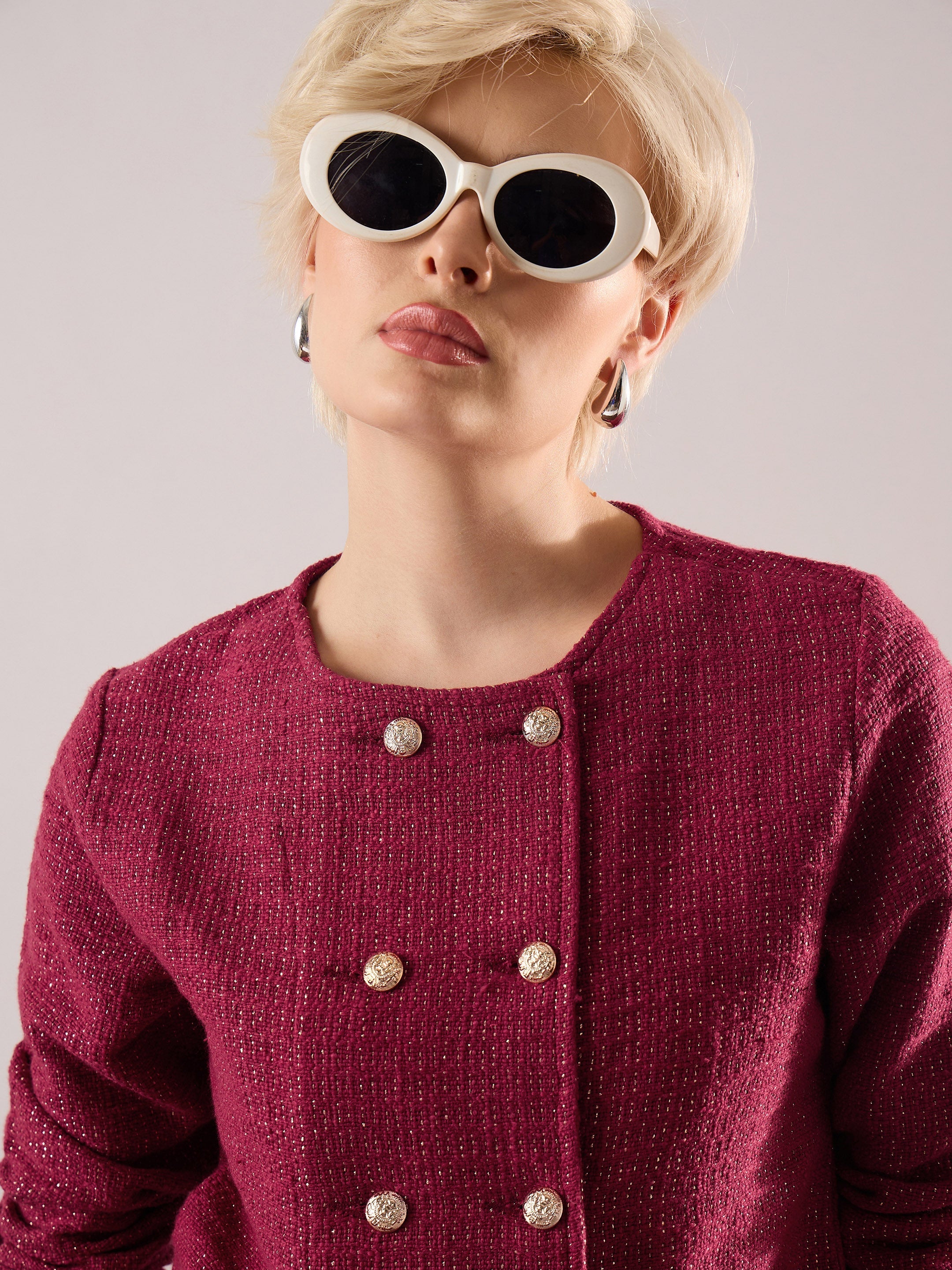 maroon tweed full sleeves crop blazer with mini skirt sassafras