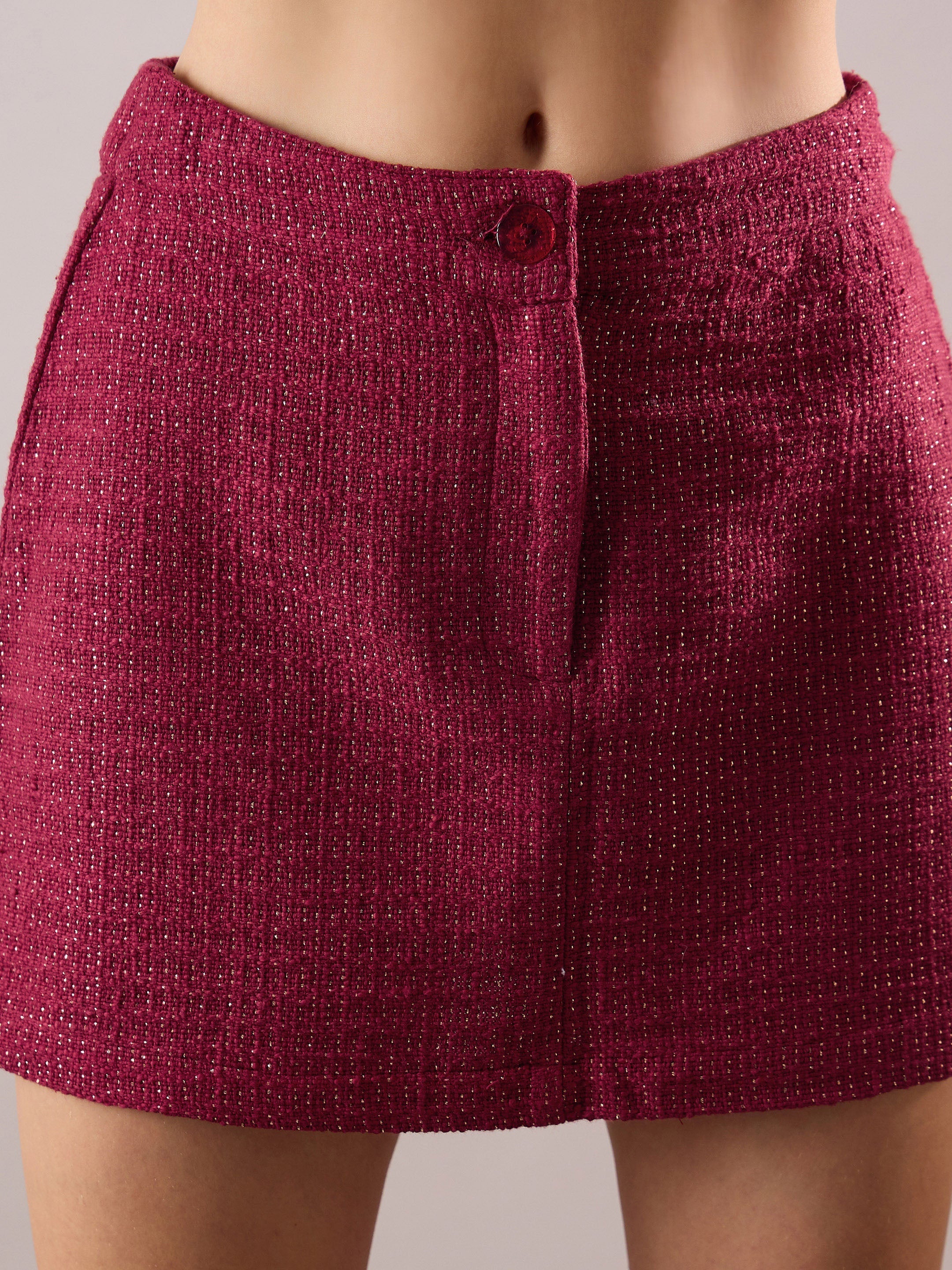 maroon tweed full sleeves crop blazer with mini skirt sassafras