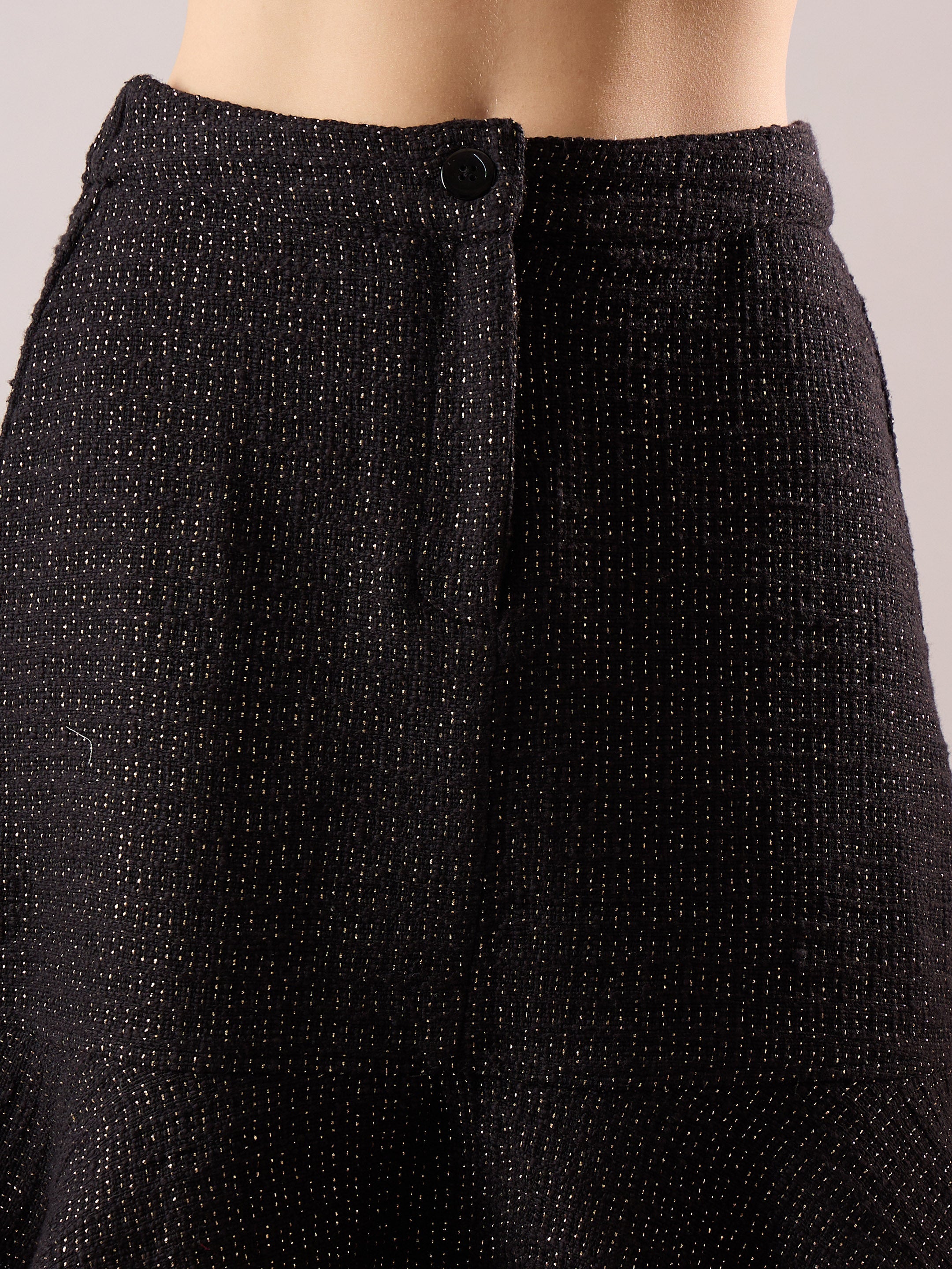 black tweed waist top with flared mini skirt sassafras