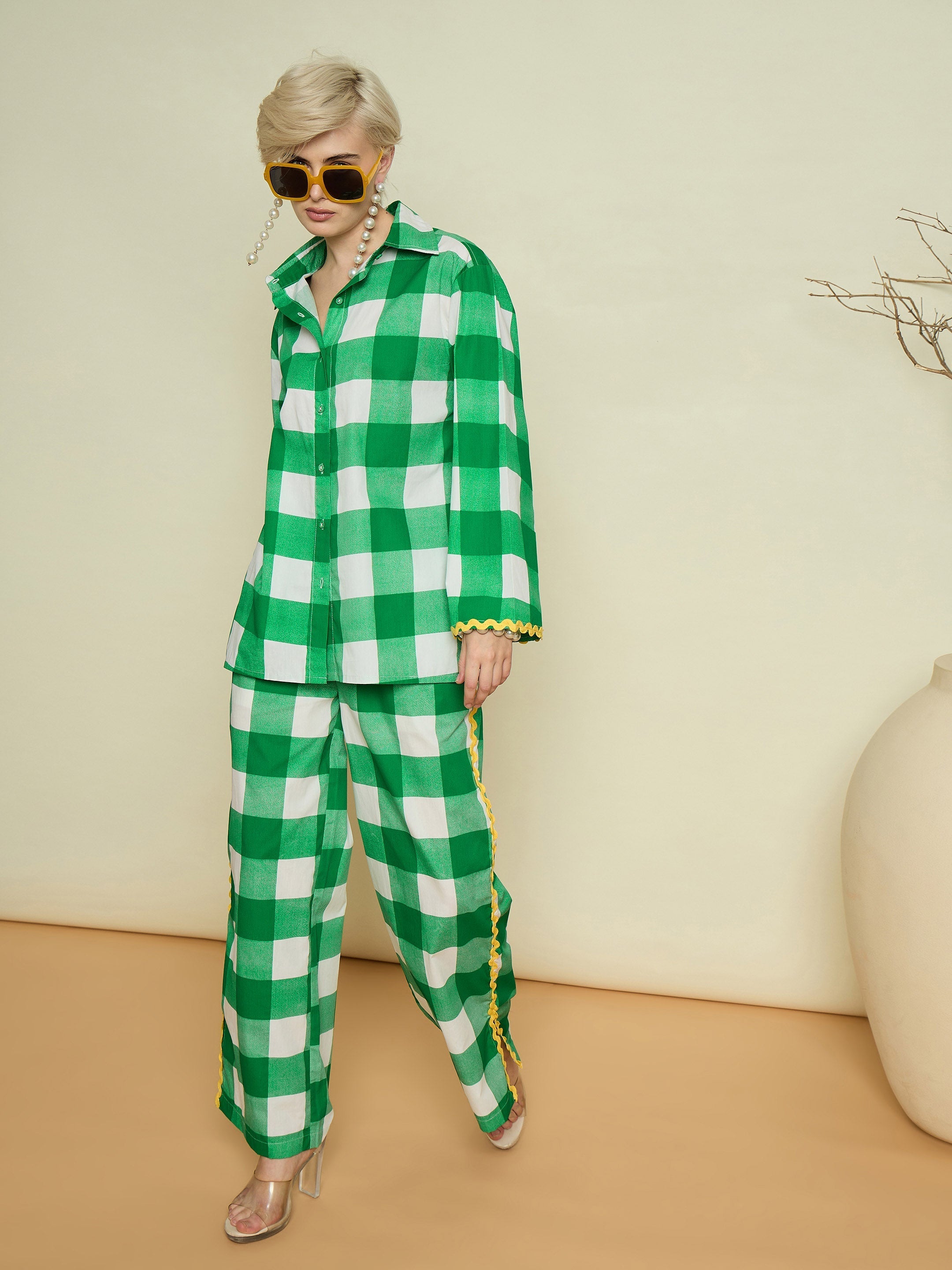 Green Big Check Ric Rac Shirt With Straight Pants Pink Paprika By SASSAFRAS