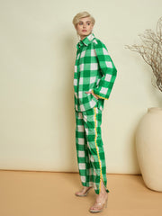 Green Big Check Ric Rac Shirt With Straight Pants Pink Paprika By SASSAFRAS