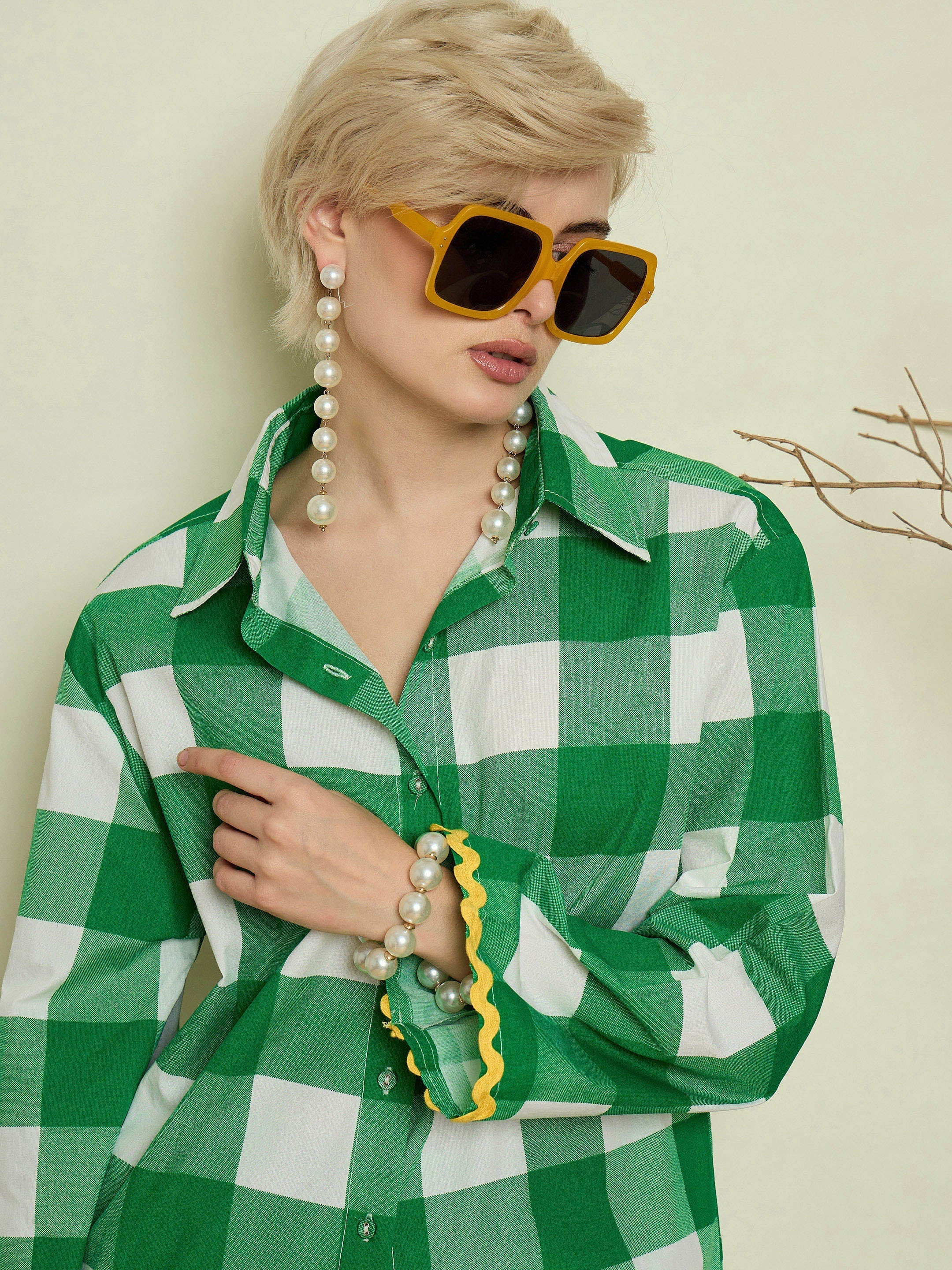Green Big Check Ric Rac Shirt With Straight Pants Pink Paprika By SASSAFRAS
