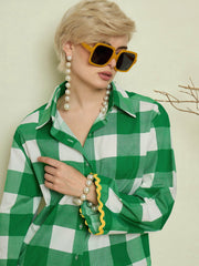Green Big Check Ric Rac Shirt With Straight Pants Pink Paprika By SASSAFRAS