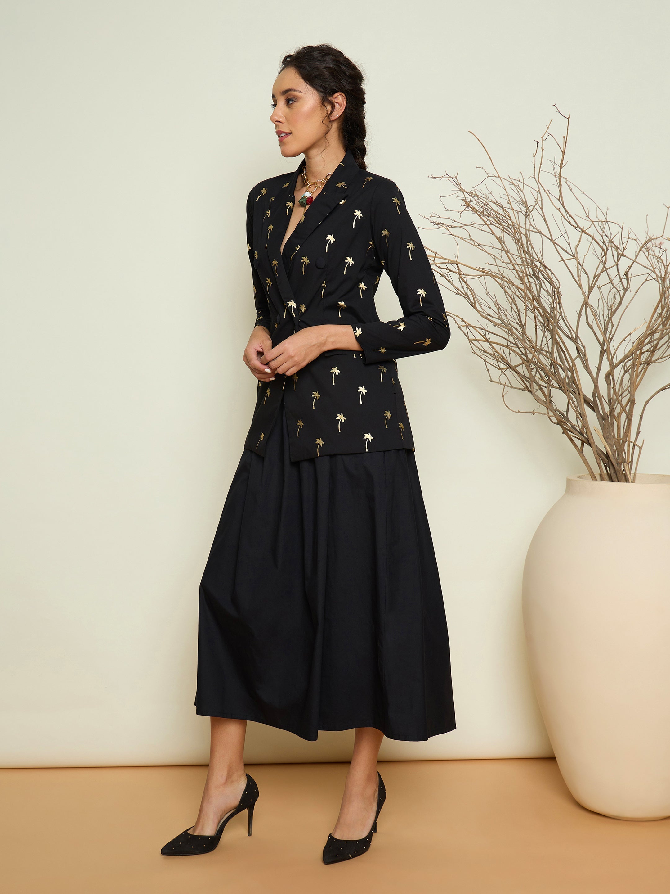 Black Foil Print Double Breasted Blazer With Gathered Skirt Pink Paprika By SASSAFRAS