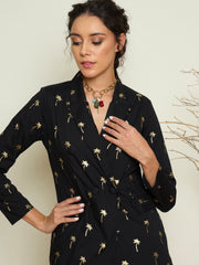 Black Foil Print Double Breasted Blazer With Gathered Skirt Pink Paprika By SASSAFRAS