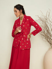 Fuchsia Foil Print Double Breasted Blazer With Gathered Skirt Pink Paprika By SASSAFRAS