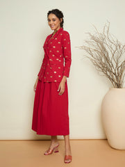 Fuchsia Foil Print Double Breasted Blazer With Gathered Skirt Pink Paprika By SASSAFRAS