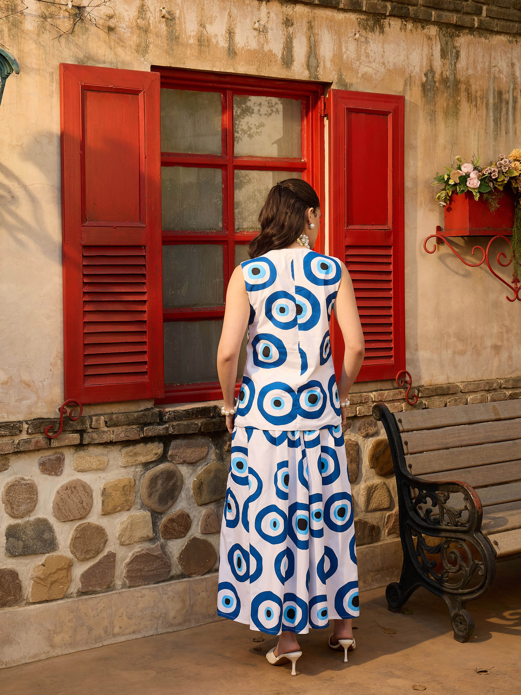 White Evil Eye Print Vest Top With Gathered Skirt Pink Paprika By SASSAFRAS