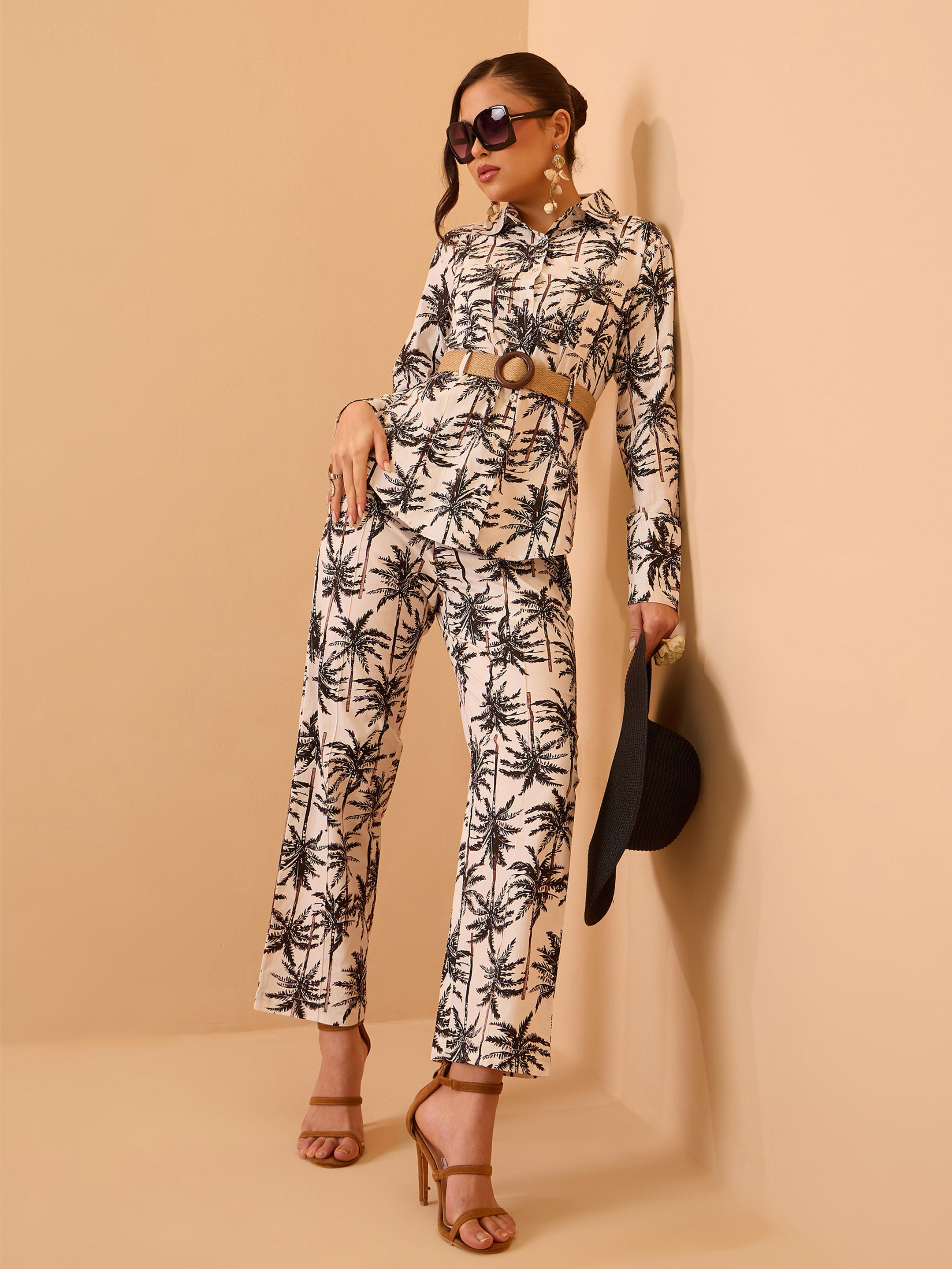 Black Tropical Belted Shirt With Straight Pants Pink Paprika By SASSAFRAS