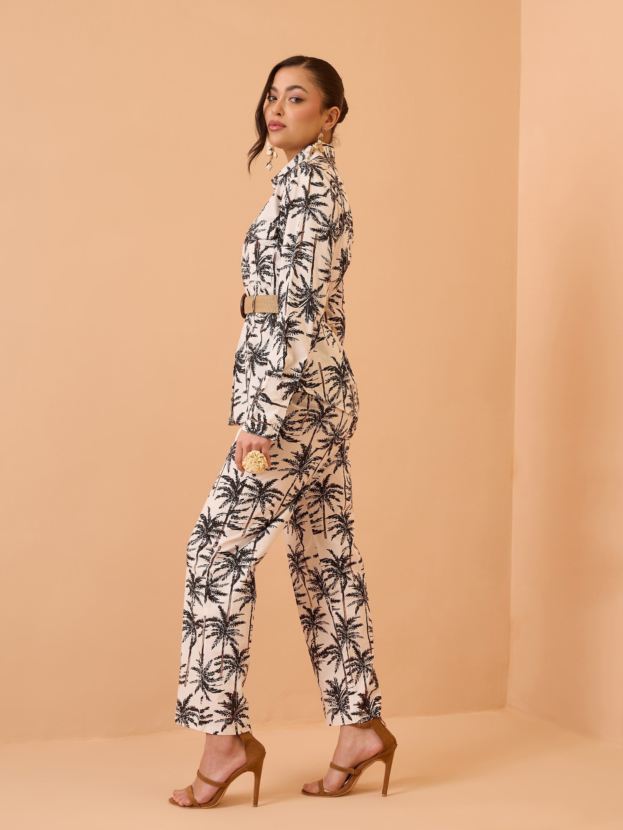 Black Tropical Belted Shirt With Straight Pants Pink Paprika By SASSAFRAS