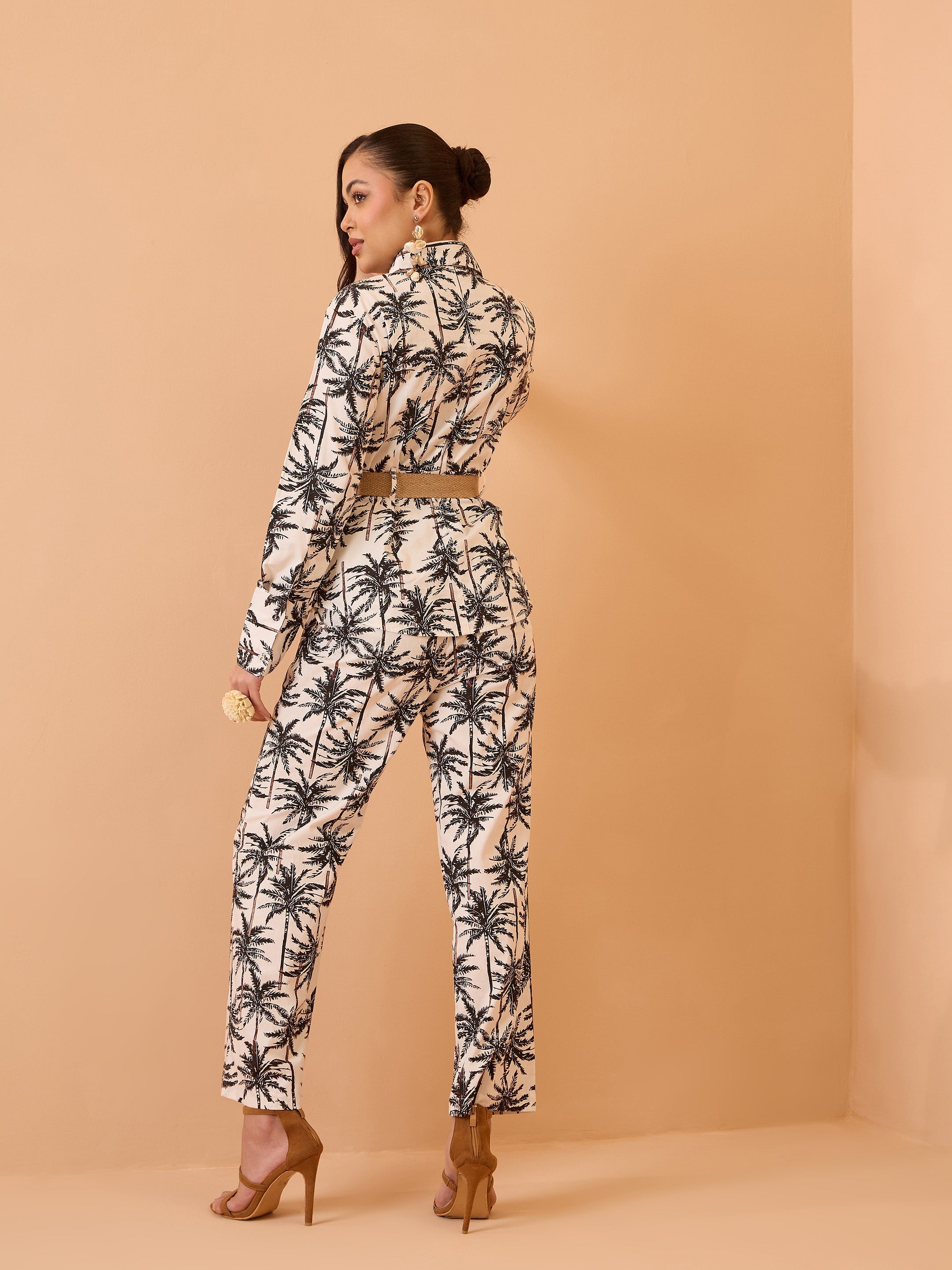Black Tropical Belted Shirt With Straight Pants Pink Paprika By SASSAFRAS