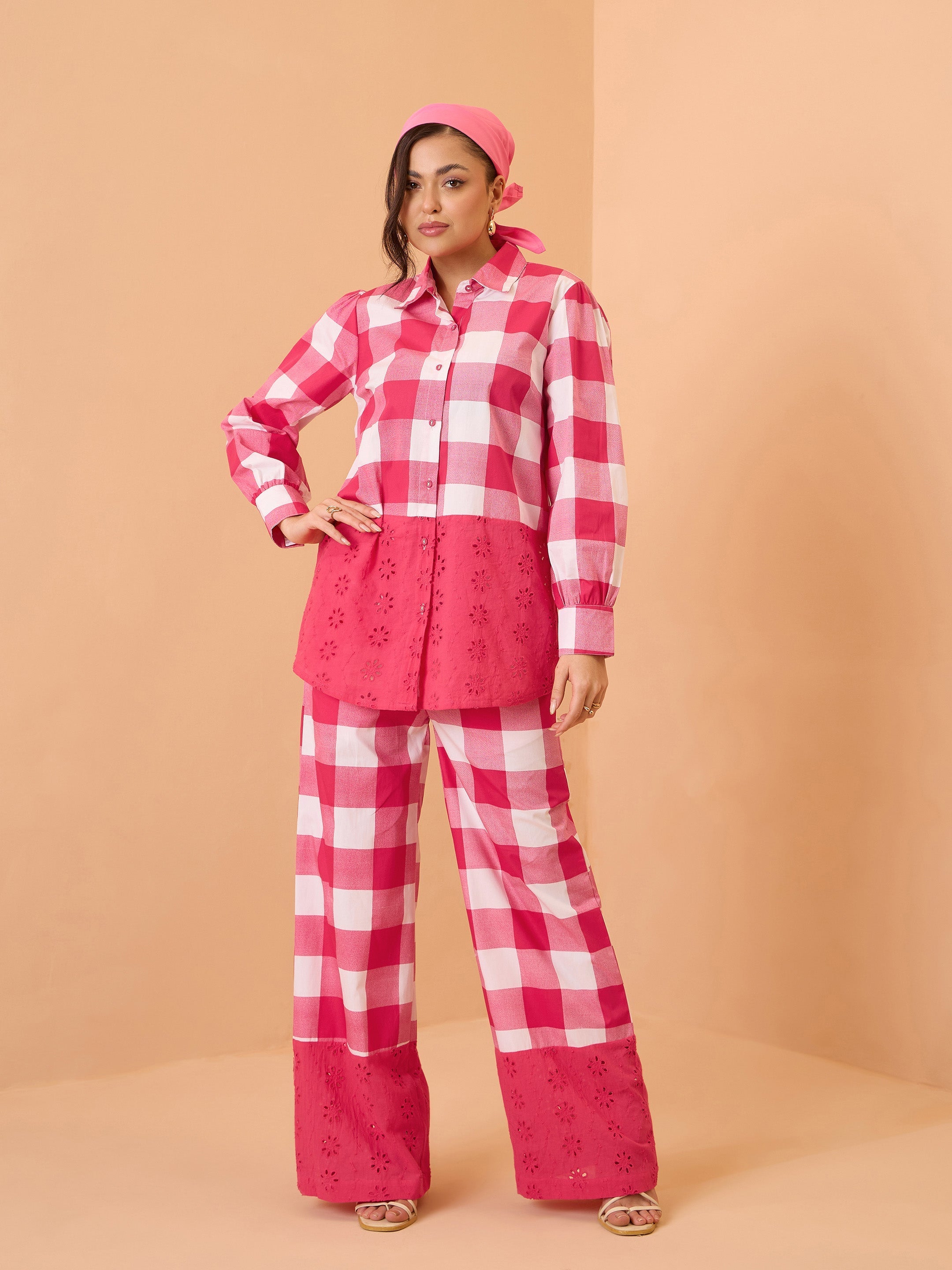 Pink Big Check Schiffli Shirt With Wide Pants Pink Paprika By SASSAFRAS