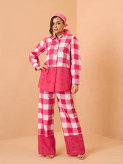 Pink Big Check Schiffli Shirt With Wide Pants Pink Paprika By SASSAFRAS