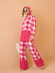 Pink Big Check Schiffli Shirt With Wide Pants Pink Paprika By SASSAFRAS