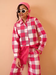 Pink Big Check Schiffli Shirt With Wide Pants Pink Paprika By SASSAFRAS