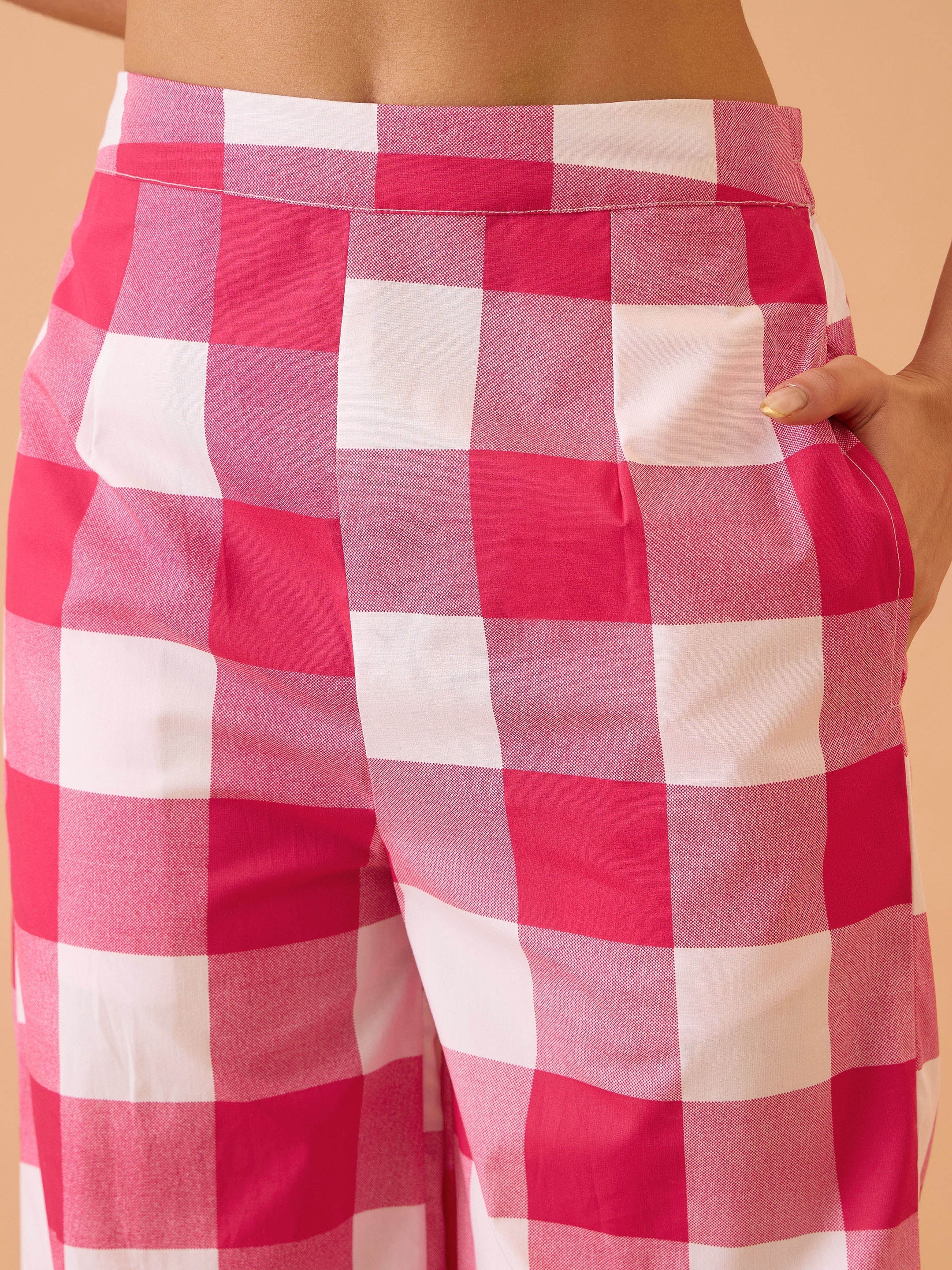 Pink Big Check Schiffli Shirt With Wide Pants Pink Paprika By SASSAFRAS