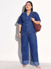 Navy Denim Collar Top With Bottom Fold Jeans SASSAFRAS Curve